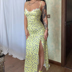 Vintage Boho Split Thigh Sleeveless Floral Print A Line Beach Midi Dress Yellow / S