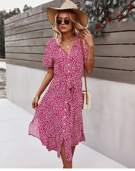 Boho Chic Floral Print Button V-Neck Casual Summer Midi Dress