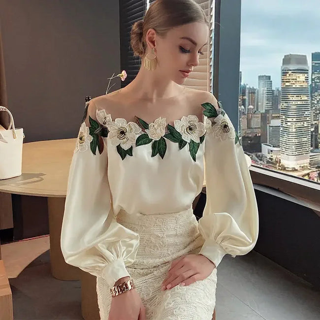 Summer Long Mesh Satin Embroidered Blouse creamy white / S Main image