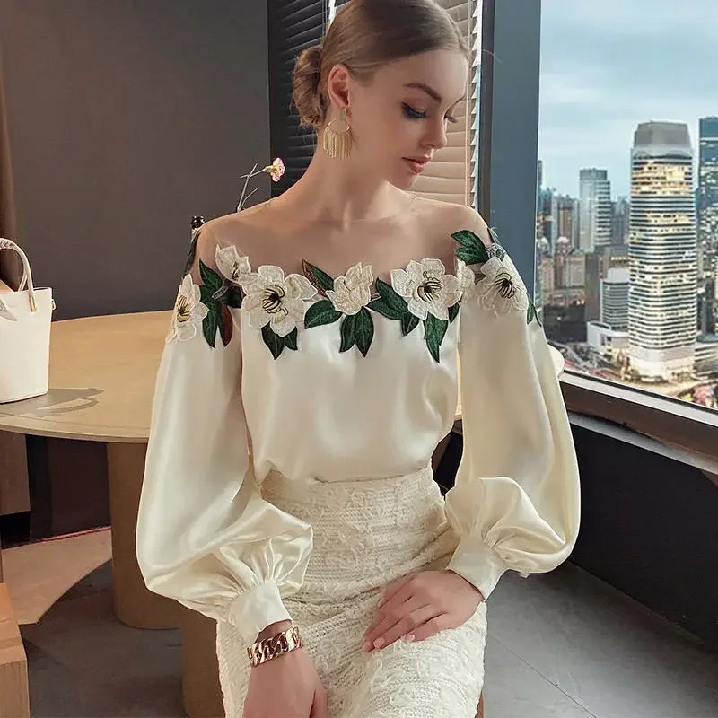Summer Long Mesh Satin Embroidered Blouse creamy white / S