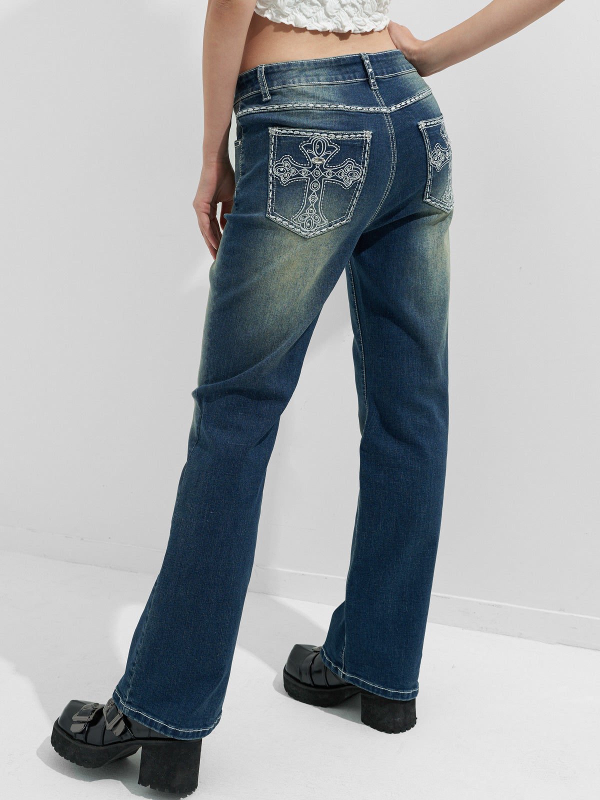Rhinestone Chrome Hearts Flare Leg Jeans Blue / S Flare Jeans Main image