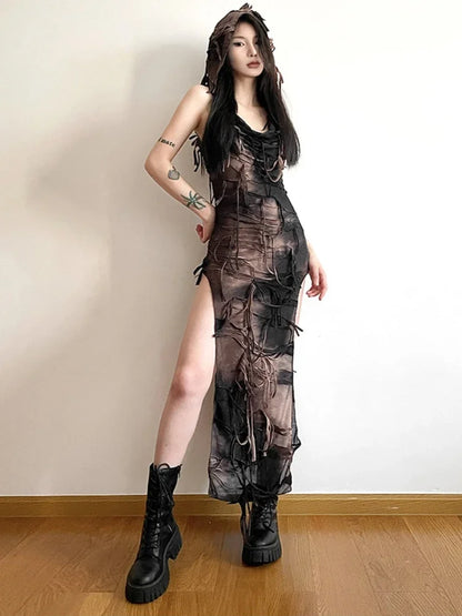 Tassel Vintage Gothic Hooded Midi Dress Grunge Y2K Sexy High Split Sleeveless Tie Dye Dress