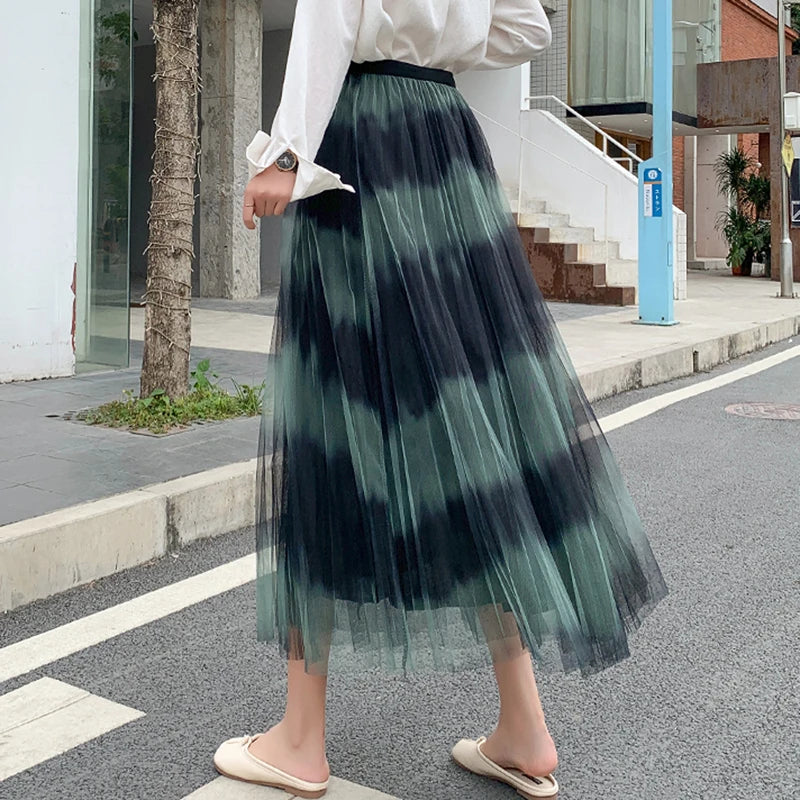 Tie Dye Print Boho Double-Sided Long Pleated Skirt