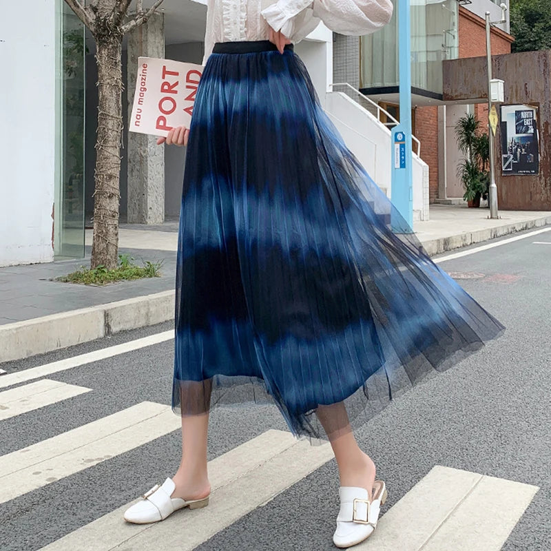 Tie Dye Print Boho Double-Sided Long Pleated Skirt