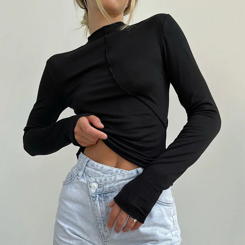 Turtleneck Casual Fashion Long Sleeve Tee Black / S