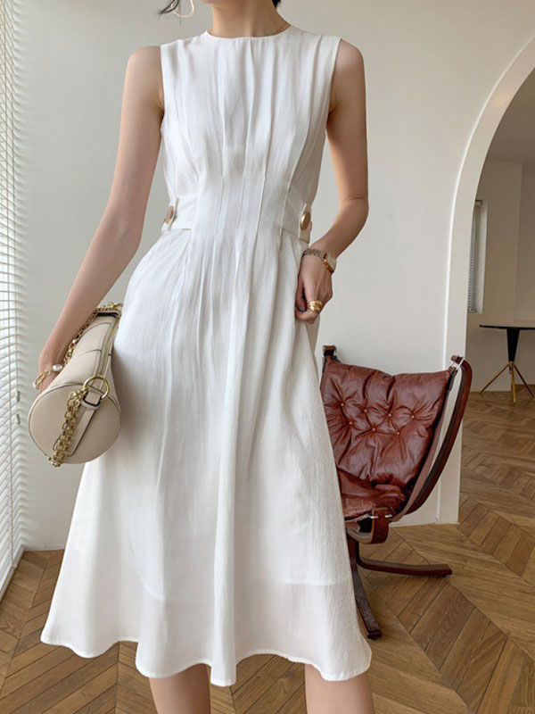 Button Embellished Satin Midi Dress White / S Midi Dresses Main image