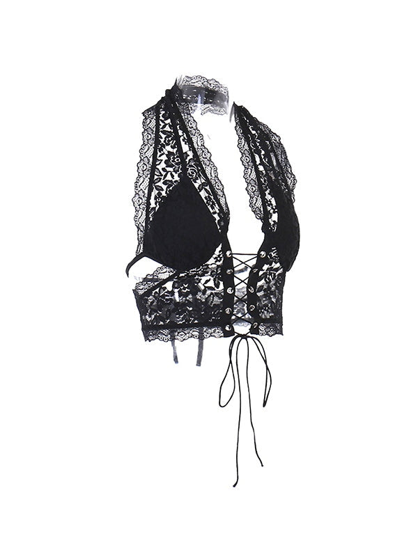Tie Front Lace Halter Tank Top Corset Top