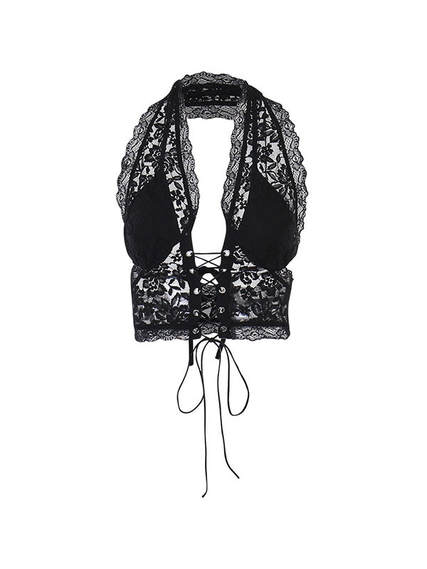 Tie Front Lace Halter Tank Top Corset Top