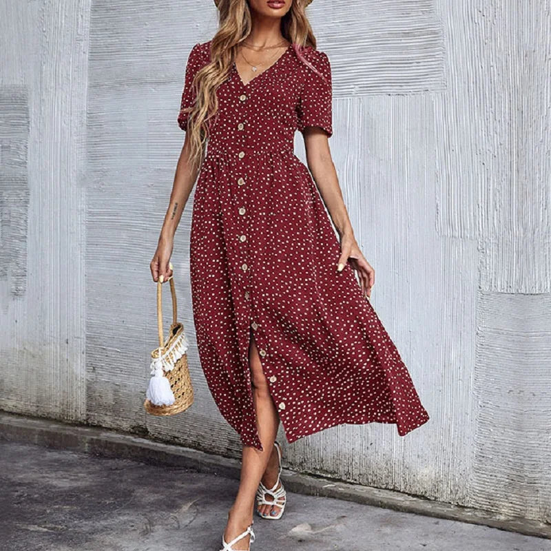 Vacation Chic Single-breasted Cardigan V-neck Short Sleeve Hem Slit Retro Dot Midi Dress