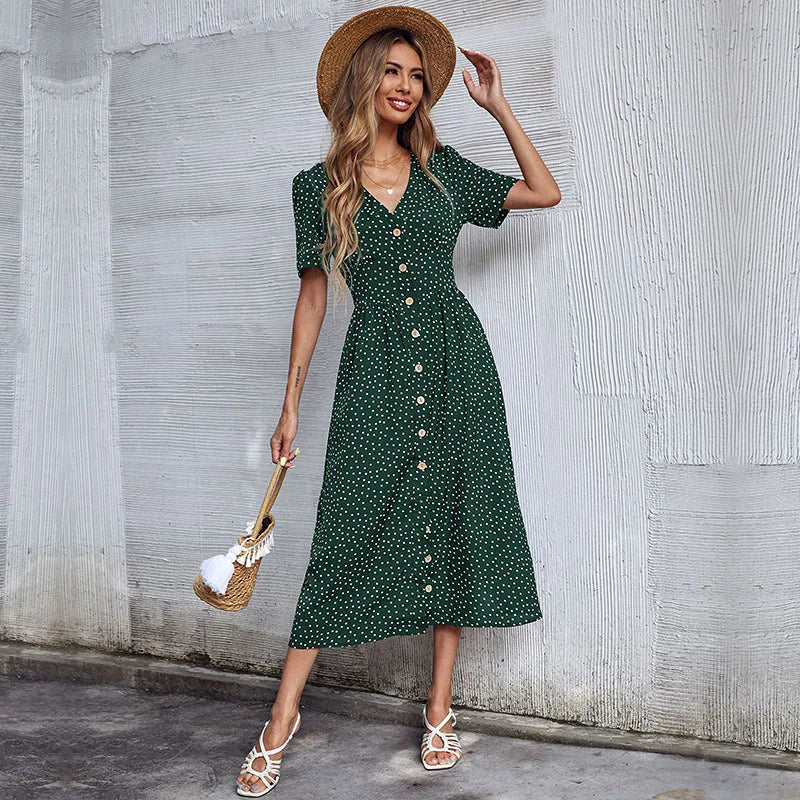 Vacation Chic Single breasted Cardigan V neck Short Sleeve Hem Slit Retro Dot Midi Dress