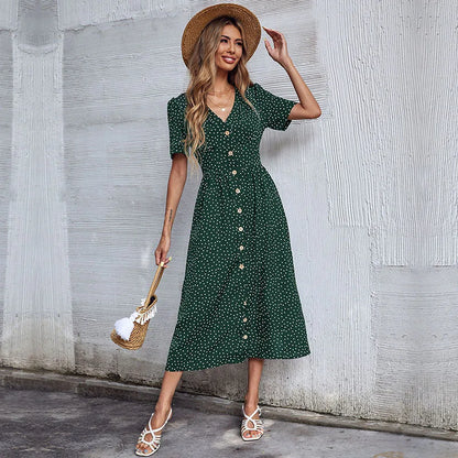 Vacation Chic Single-breasted Cardigan V-neck Short Sleeve Hem Slit Retro Dot Midi Dress