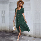 Vacation Chic Single breasted Cardigan V neck Short Sleeve Hem Slit Retro Dot Midi Dress Dark Green / S