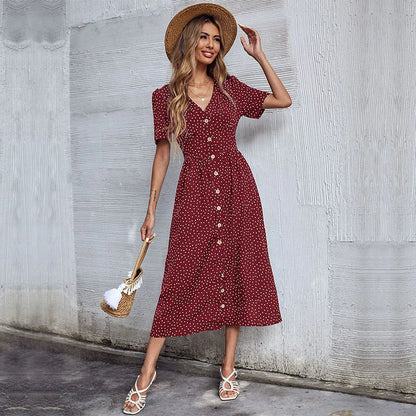 Vacation Chic Single-breasted Cardigan V-neck Short Sleeve Hem Slit Retro Dot Midi Dress