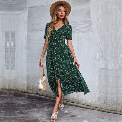 Vacation Chic Single-breasted Cardigan V-neck Short Sleeve Hem Slit Retro Dot Midi Dress