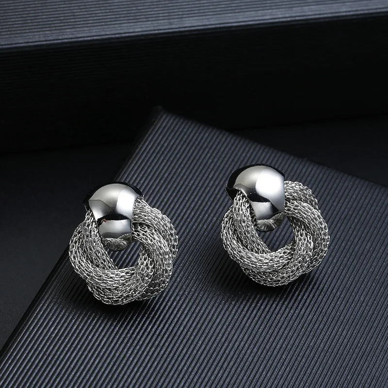 Vintage Metallic Twisted Weaving Round Circle Dangle Earrings Wedding Earring Sliver