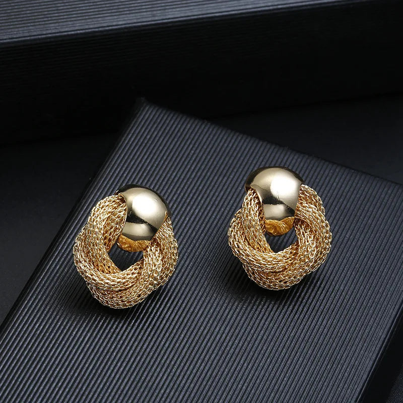 Vintage Metallic Twisted Weaving Round Circle Dangle Earrings Wedding Earring Gold