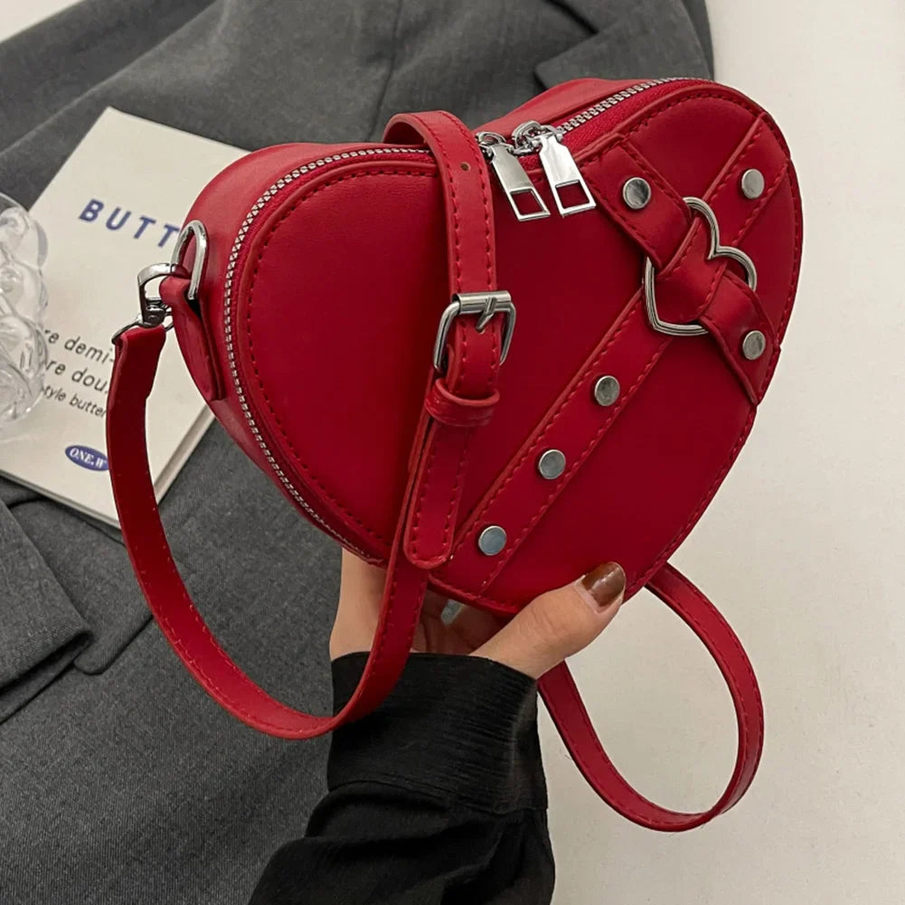 Vintage Y2K Small Chain Rivet Heart Shaped Red PU Bag