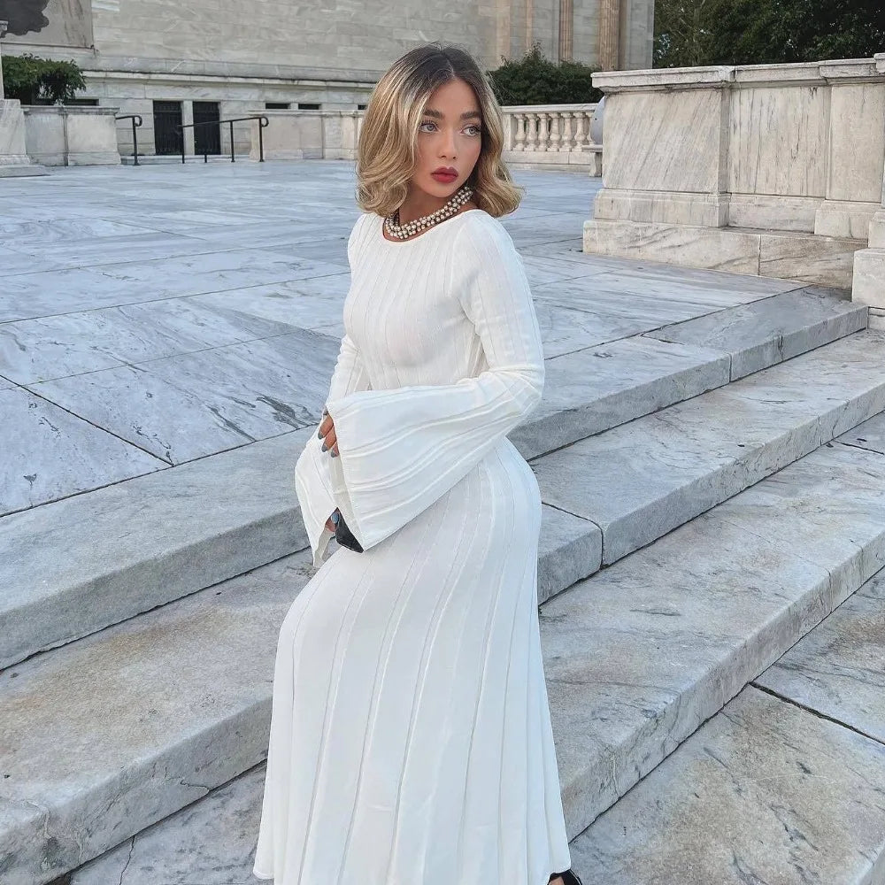 White Backless Knitted Elegant Long Sleeve Bodycon Maxi Dress