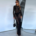 White Black Floral Lace See Through Maxi Autumn Elegant Sexy Party Photoshoot Long Sleeve Lace Dress Black / S