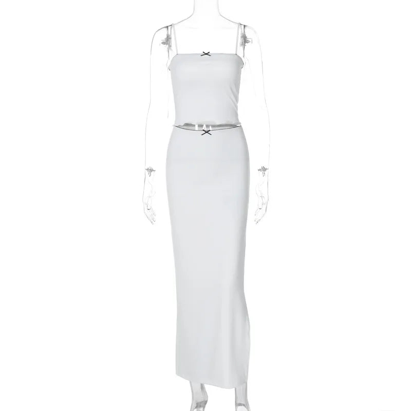 White Two Piece Sets Sexy Spaghetti Straps Tank Tops and Slit Skirts Sets Casual Y2K Party Maxi Dress