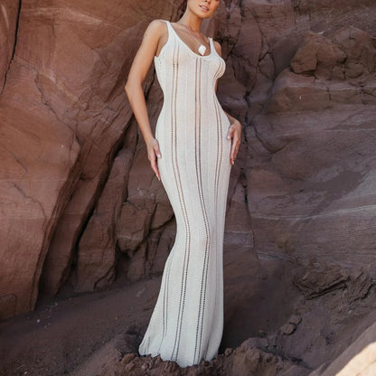 White Knitted Beach Holiday Hollow Out Backless Maxi Dress