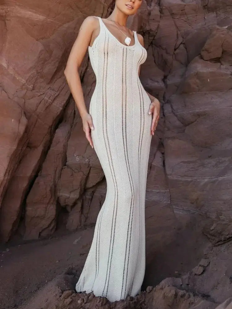 White Knitted Beach Holiday Hollow Out Backless Maxi Dress