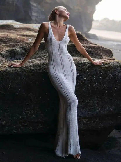 White Knitted Beach Holiday Hollow Out Backless Maxi Dress