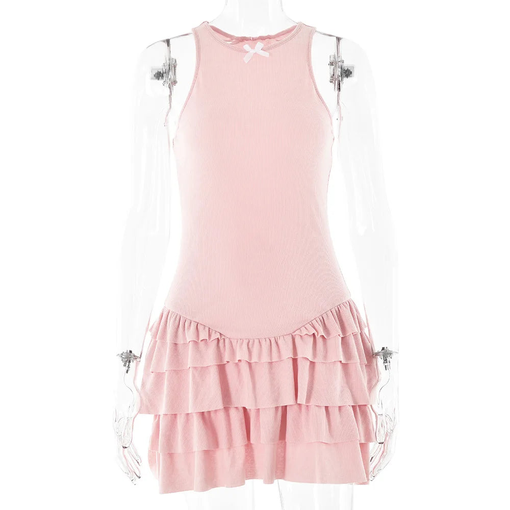 White Ruffles Summer Fashion Sleeveless Slim Tank 2024 Female O neck Casual Outfits Mini Dress Pink / S