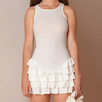White Ruffles Summer Fashion Sleeveless Slim Tank 2024 Female O neck Casual Outfits Mini Dress White / S