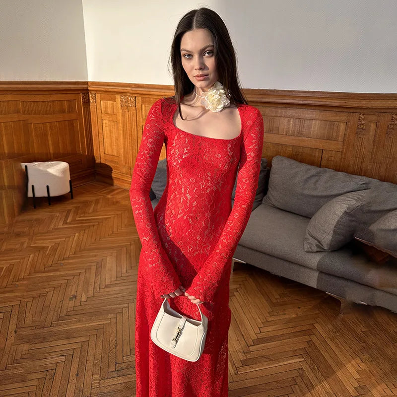 Elegant White Sheer Lace Long Sleeve Bodycon Slit Evening Party Maxi Dress Red / S