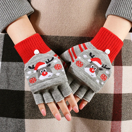 Knitted Flip Christmas Elk Printed Warm Touchscreen Half Finger Winter Christmas Glove