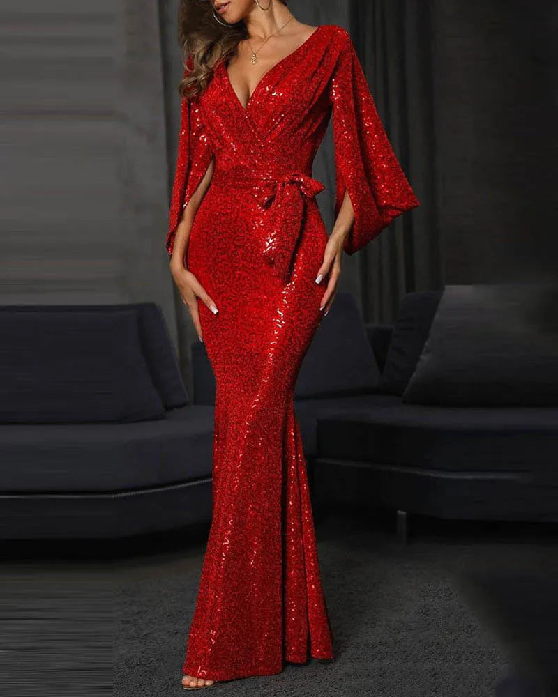 Women 2024 new Mermaid Trumpet Red Sexy Sequin Evening With Long Sleeves Custom made holiday long Prom Dress Red / S Main image