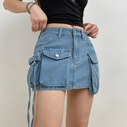 Asymmetrical Pockets Clubwear All-Match Denim Skirt