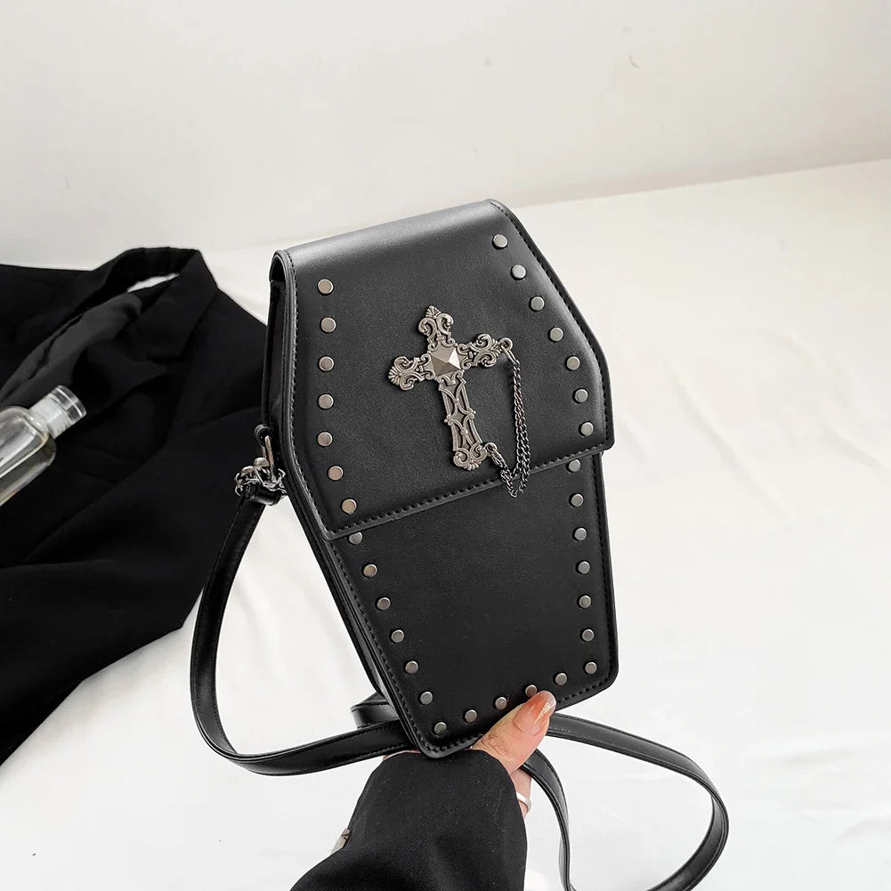 Women Halloween Gothic Coffin Adjustable PU Leather Strap Zipper Bag