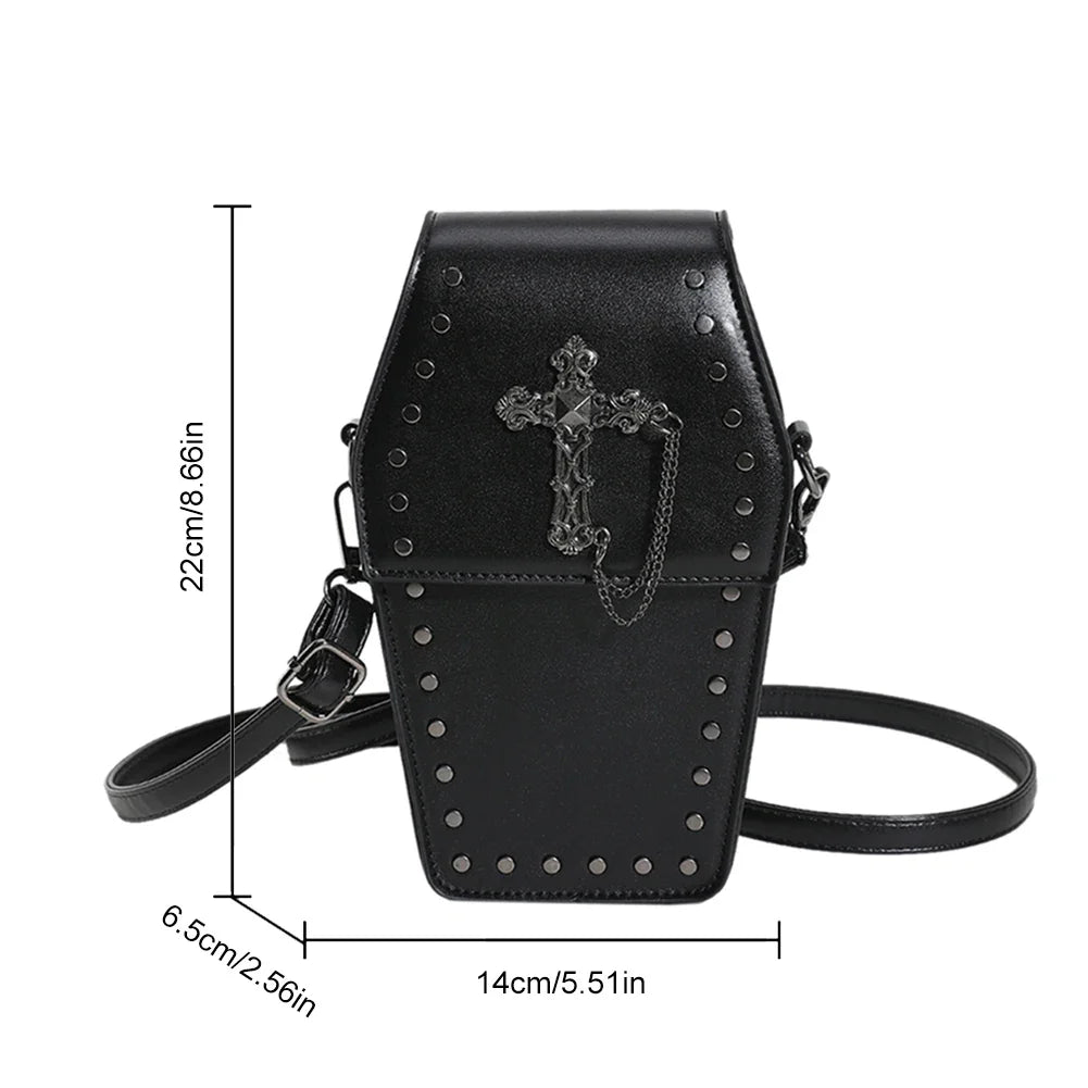 Women Halloween Gothic Coffin Adjustable PU Leather Strap Zipper Bag