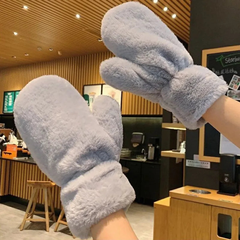 Lovely Plush Fluffy Winter Gloves - Windproof And Thickened For Christmas Grey Gloves-L