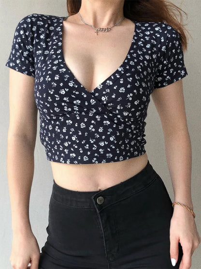 Floral Print Crossover V-neck Crop Top