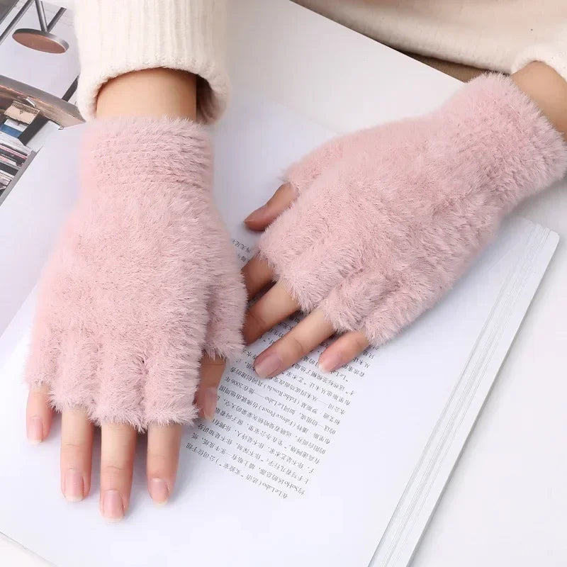 Warm Half Finger Winter Imitation Mink Cashmere Woolen Driving Outdoor Christmas Glove