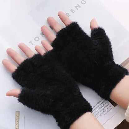 Warm Half Finger Winter Imitation Mink Cashmere Woolen Driving Outdoor Christmas Glove