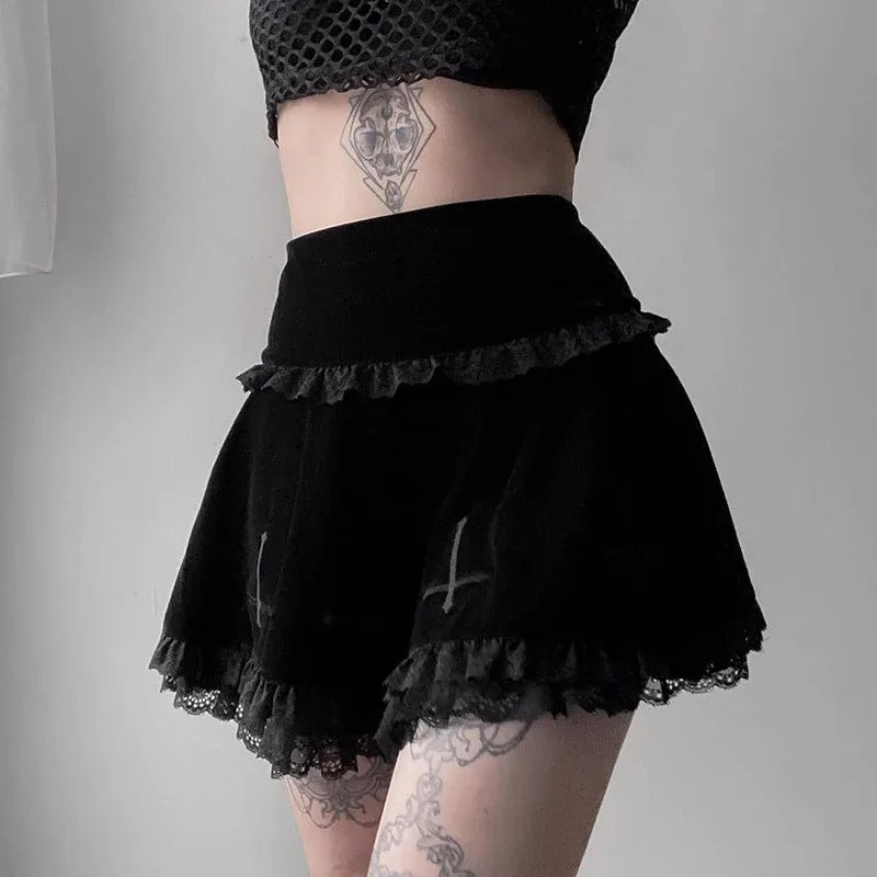 Sexy Summer Embroidery Black Gothic Lace Skirt