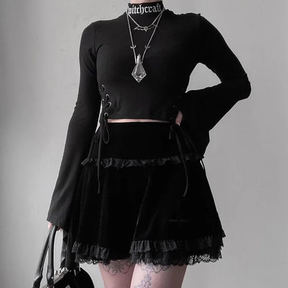 Sexy Summer Embroidery Black Gothic Lace Skirt