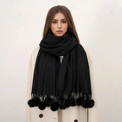 Rabbit Fur Ball Cashmere Pompom Oversize Blanket Scarf For Women Scarfs-L