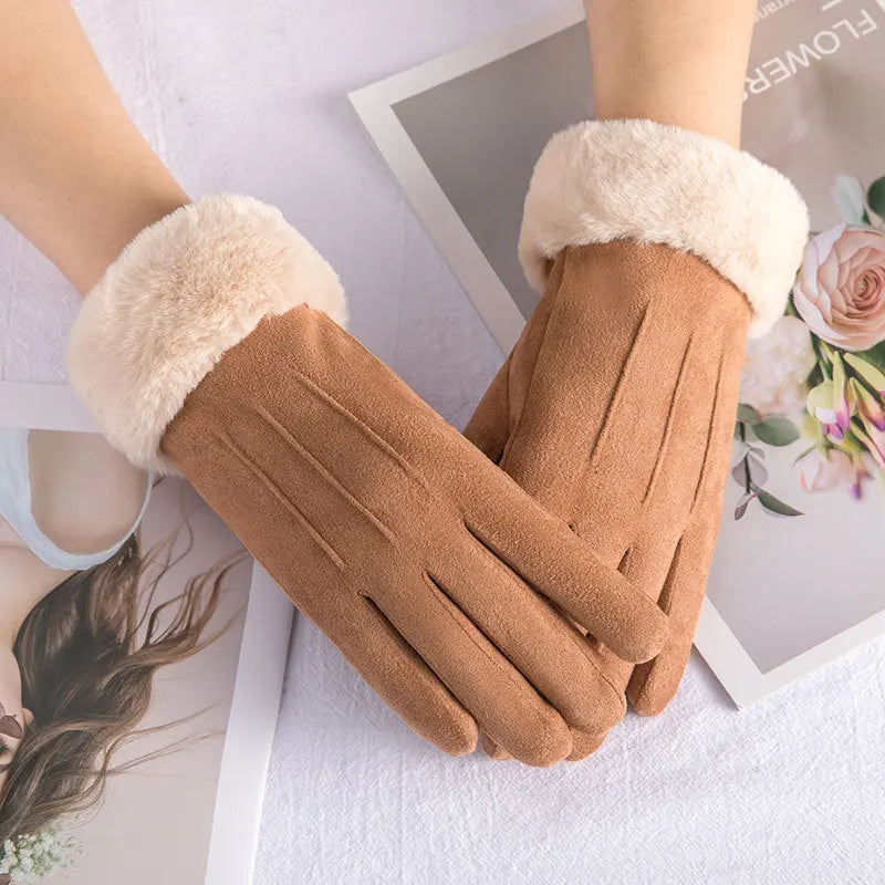 Warm Winter Fur Full Finger Windproof Driving Outdoor Screen Women Christmas Glove