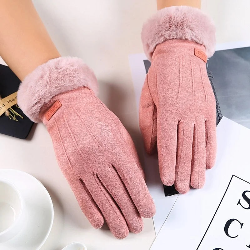 Warm Winter Fur Full Finger Windproof Driving Outdoor Screen Women Christmas Glove