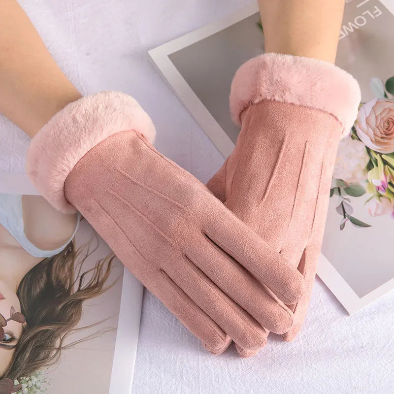 Warm Winter Fur Full Finger Windproof Driving Outdoor Screen Women Christmas Glove