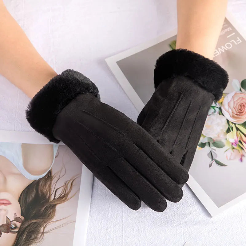 Warm Winter Fur Full Finger Windproof Driving Outdoor Screen Women Christmas Glove