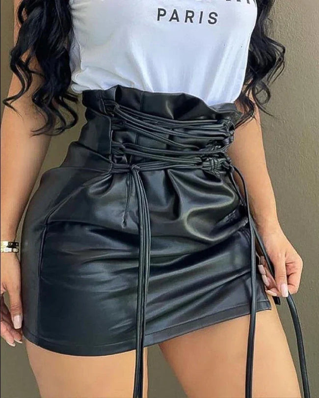 Y2K Summer Lace Up High Waist Nightclub Sexy Mini Pencil Skirt black / S Main image