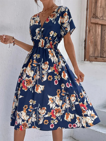 Floral Loose Casual Short Sleeve Turn Down Collar Lace Up Midi Dress