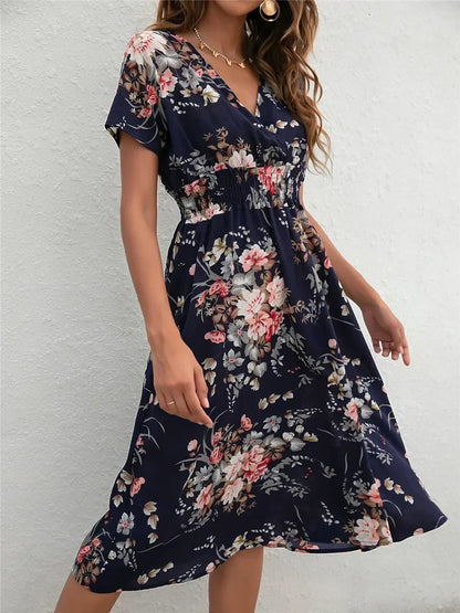 Floral Loose Casual Short Sleeve Turn Down Collar Lace Up Midi Dress