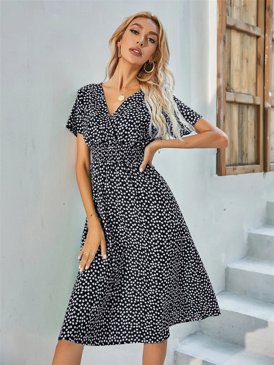 Elegant Black V-necked Spring Summer Vacation Floral Printed Flare Midi Dress